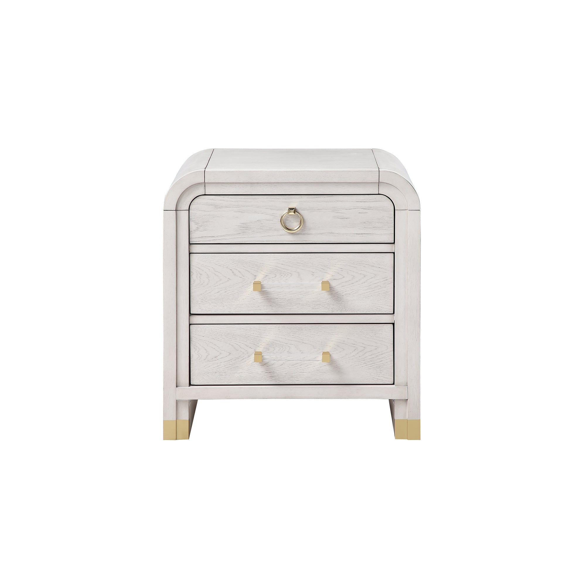 Malco Oak Nightstand with Spacious Drawer and Gold Metal Fluted Detailing in Black White Finish, Rubber Wood Construction