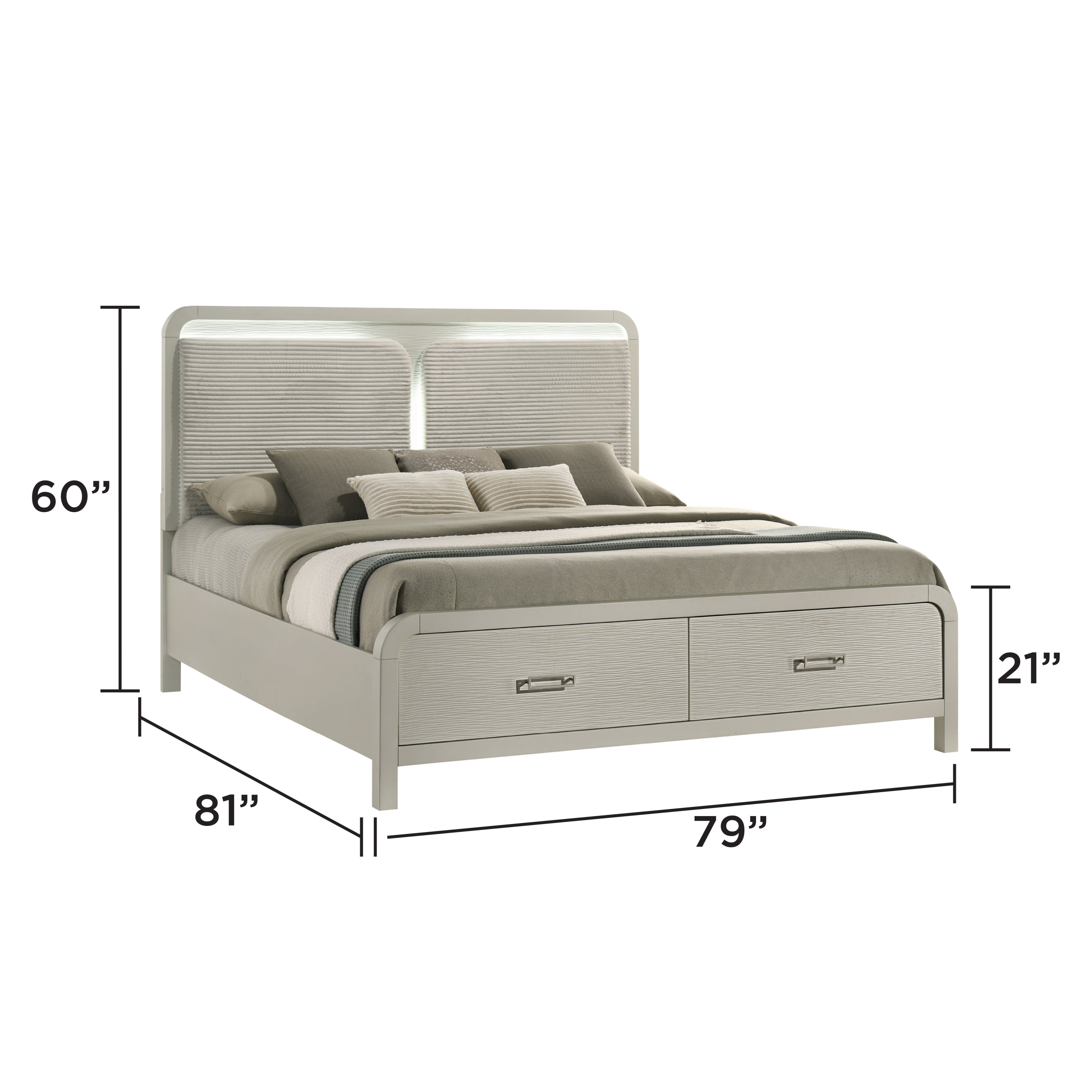 Aria Modern Storage King Bed dimensions shown with 60-inch headboard height and 79-inch width, featuring built-in drawers and modern design.