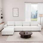 Beige modular L-shaped sectional sofa with storage ottoman, USB port, and spring pack cushions in a modern living room.