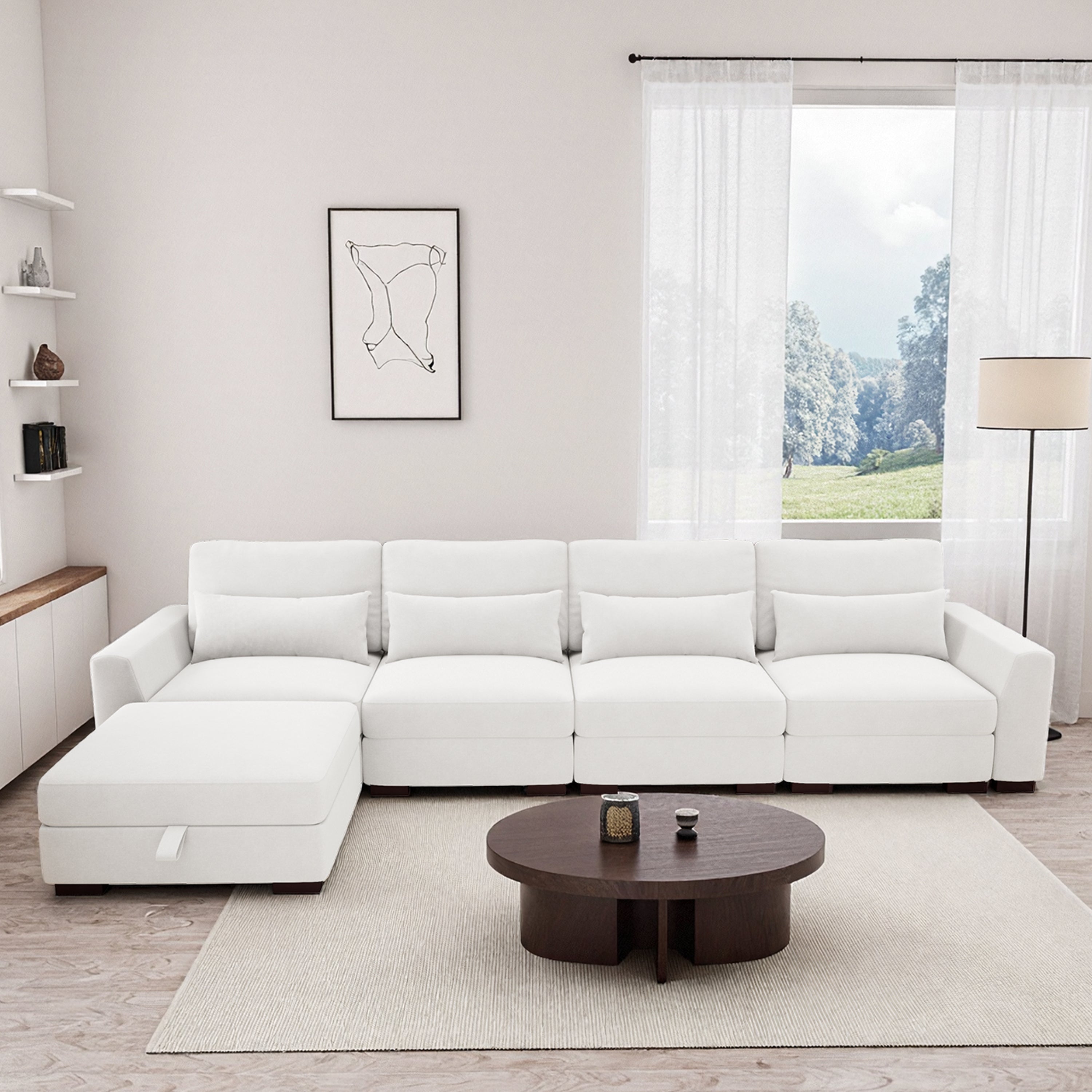 Beige modular L-shaped sectional sofa with storage ottoman, USB port, and spring pack cushions in a modern living room.