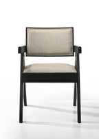 Front view of Jasper dining chair with beige fabric seat and backrest. Ebony black wood frame adds contrast and elegance.