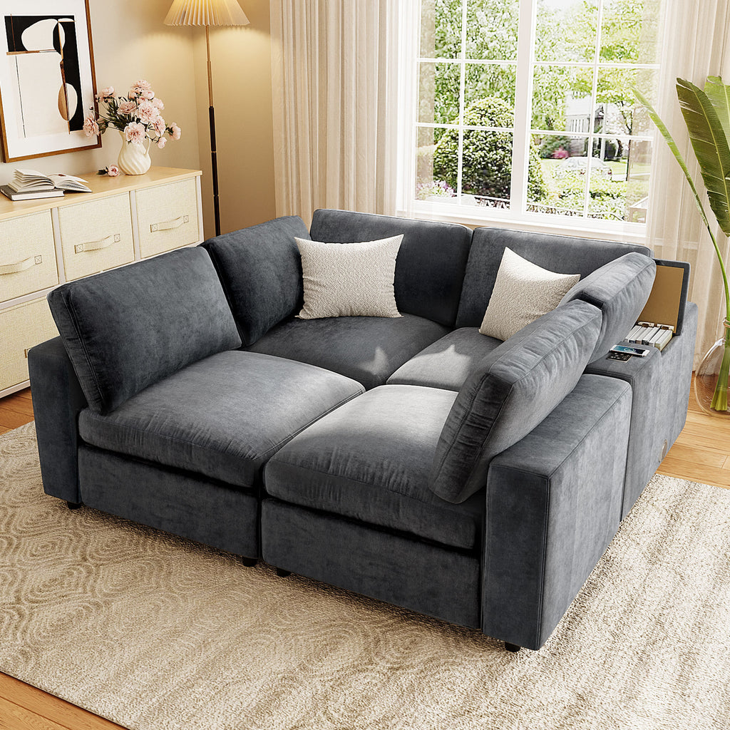 Compact square layout of modular sofa with built-in charging ports and storage, perfect for cozy, tech-integrated living rooms.