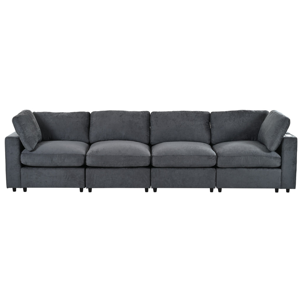 Front view of modular sofa with storage and charging, upholstered in dark gray chenille for a sleek, modern look.