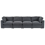 Front view of modular sofa with storage and charging, upholstered in dark gray chenille for a sleek, modern look.
