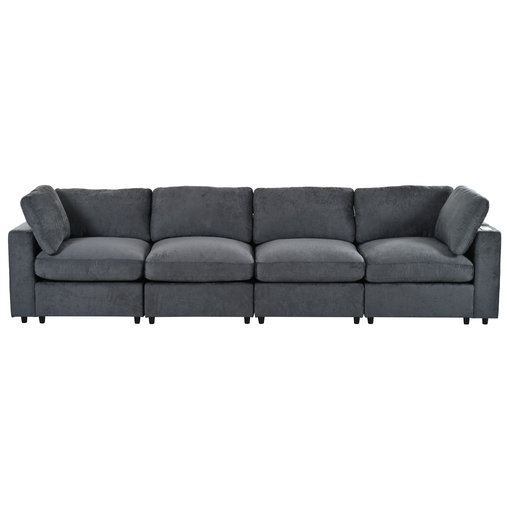 Front view of modular sofa with storage and charging, upholstered in dark gray chenille for a sleek, modern look.