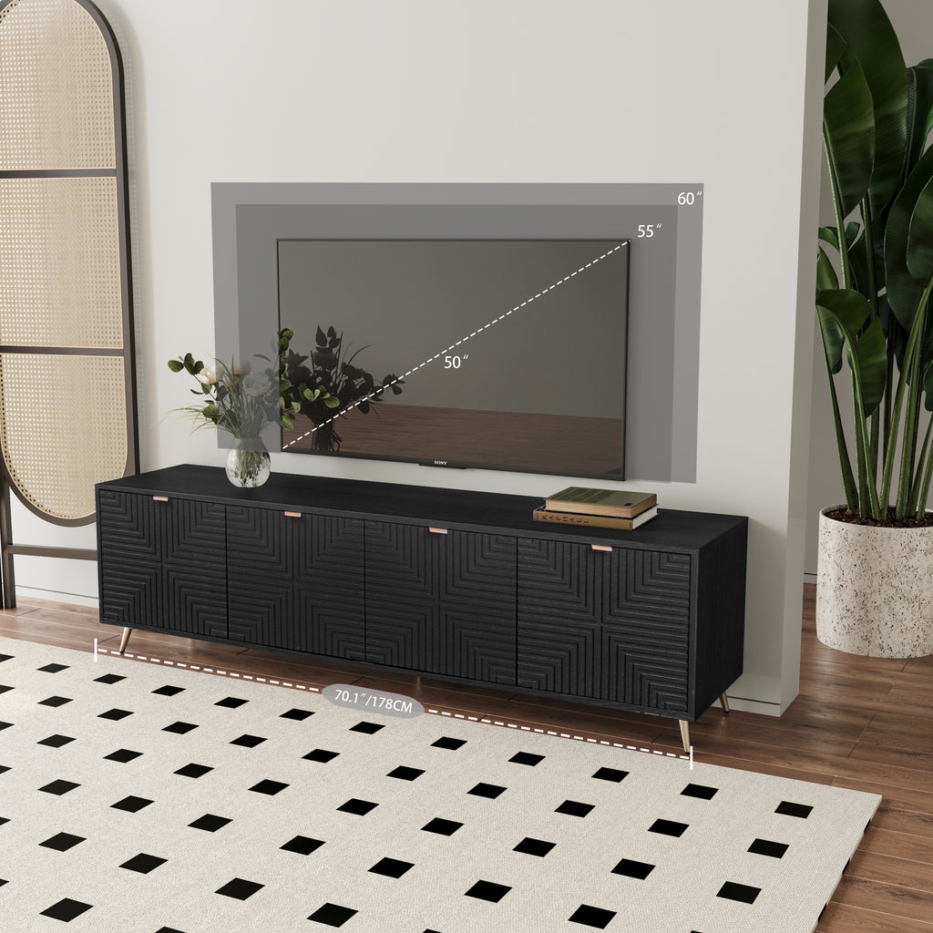 Black entertainment center with 70.1-inch base and extendable design, shown with TV size compatibility from 50 to 60 inches.