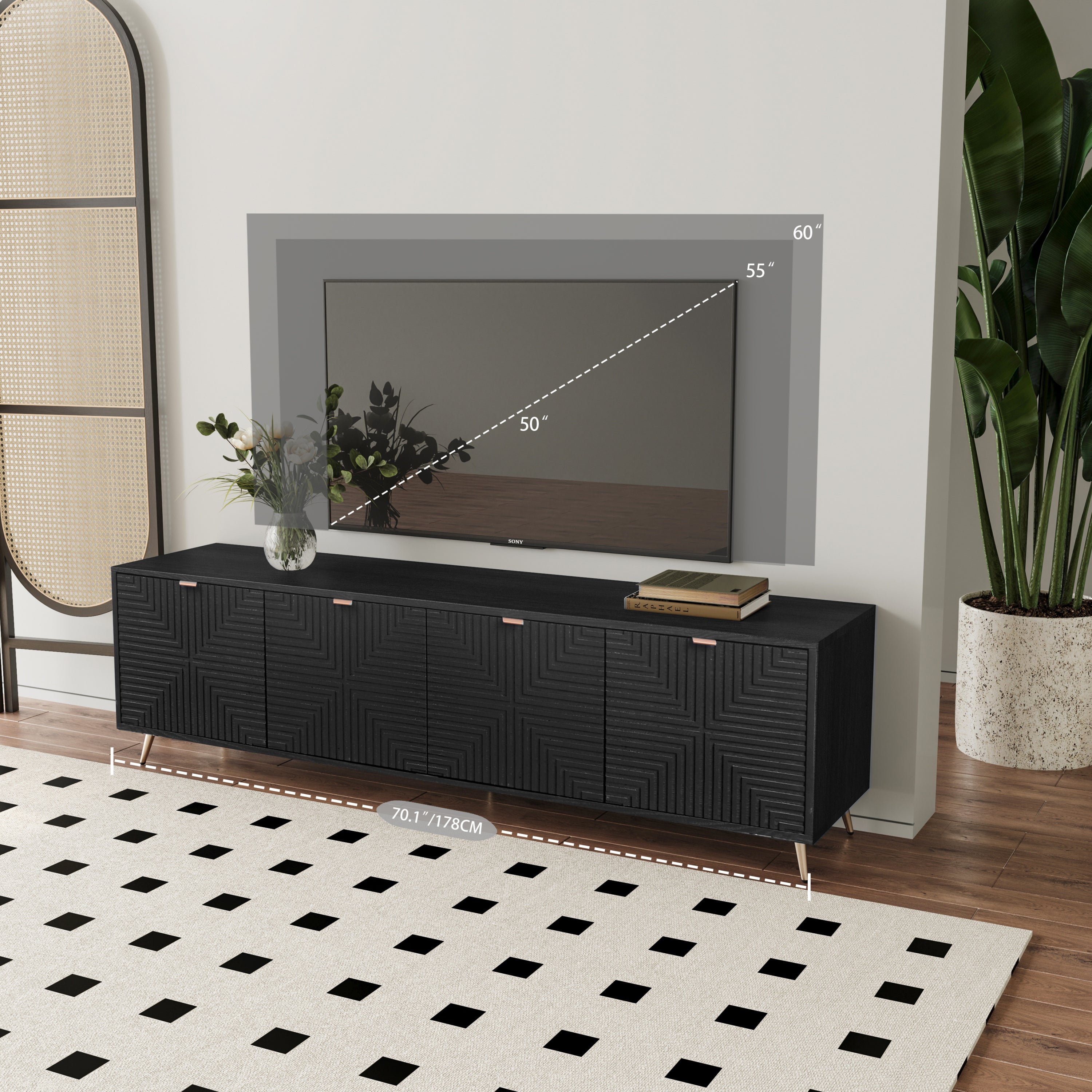 Black entertainment center with 70.1-inch base and extendable design, shown with TV size compatibility from 50 to 60 inches.