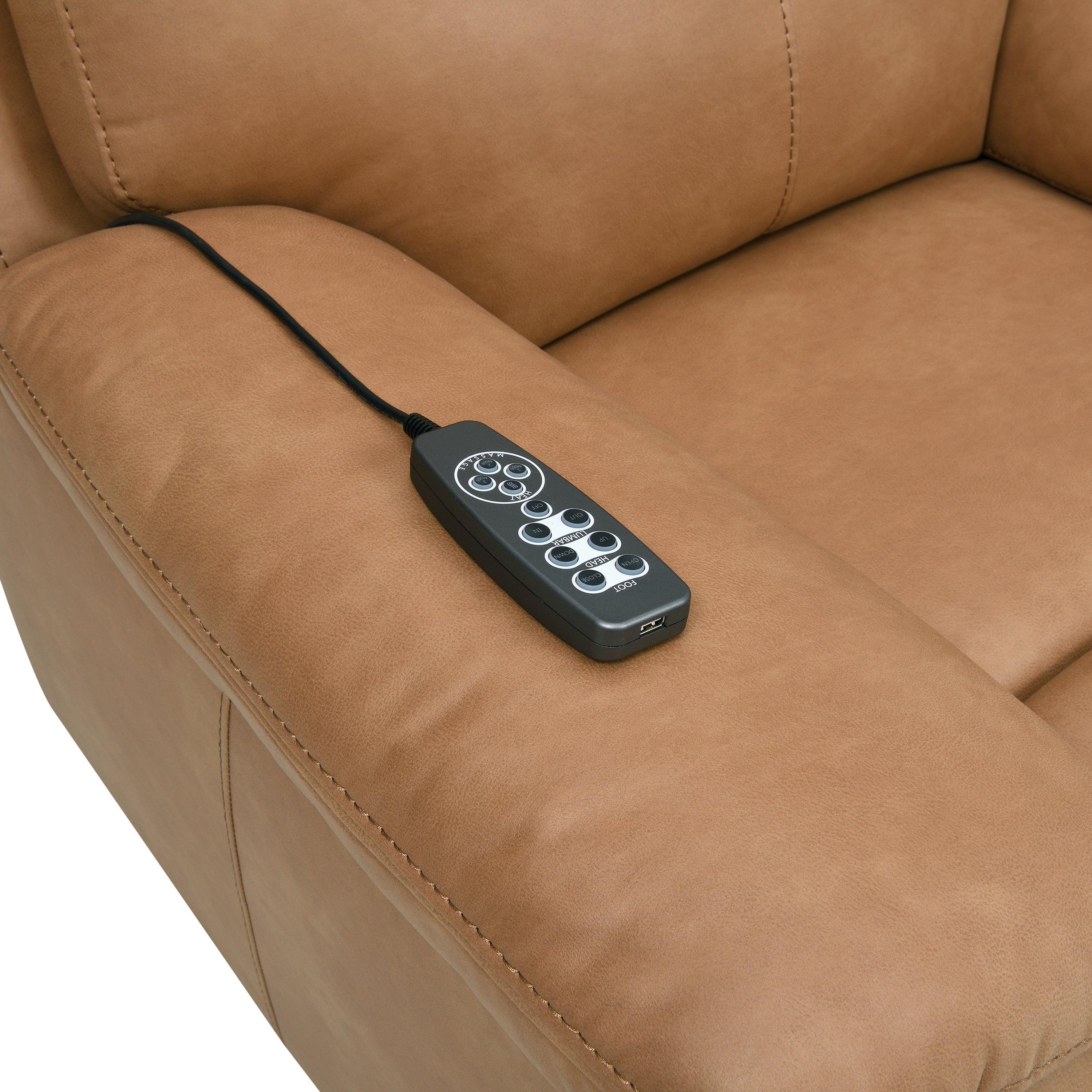 Brown Leather Reclining Sofa with USB & Power Headrest.