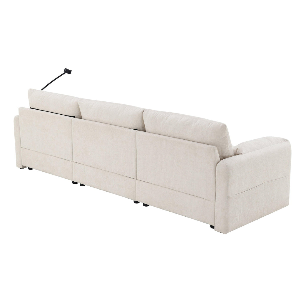 Rear angle of L-shaped sectional sofa in beige with integrated USB charger and phone holder, showcasing modular back design.