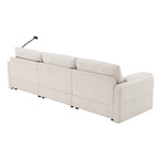 Rear angle of L-shaped sectional sofa in beige with integrated USB charger and phone holder, showcasing modular back design.
