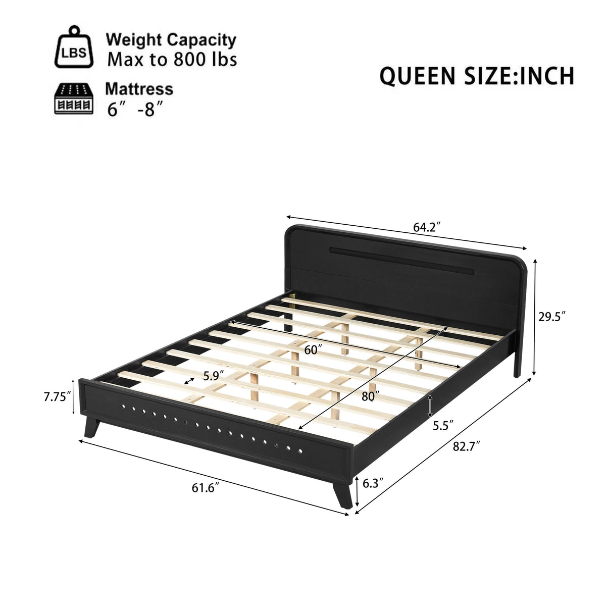 Black Queen Size Solid Wood Bed With No Box Spring.