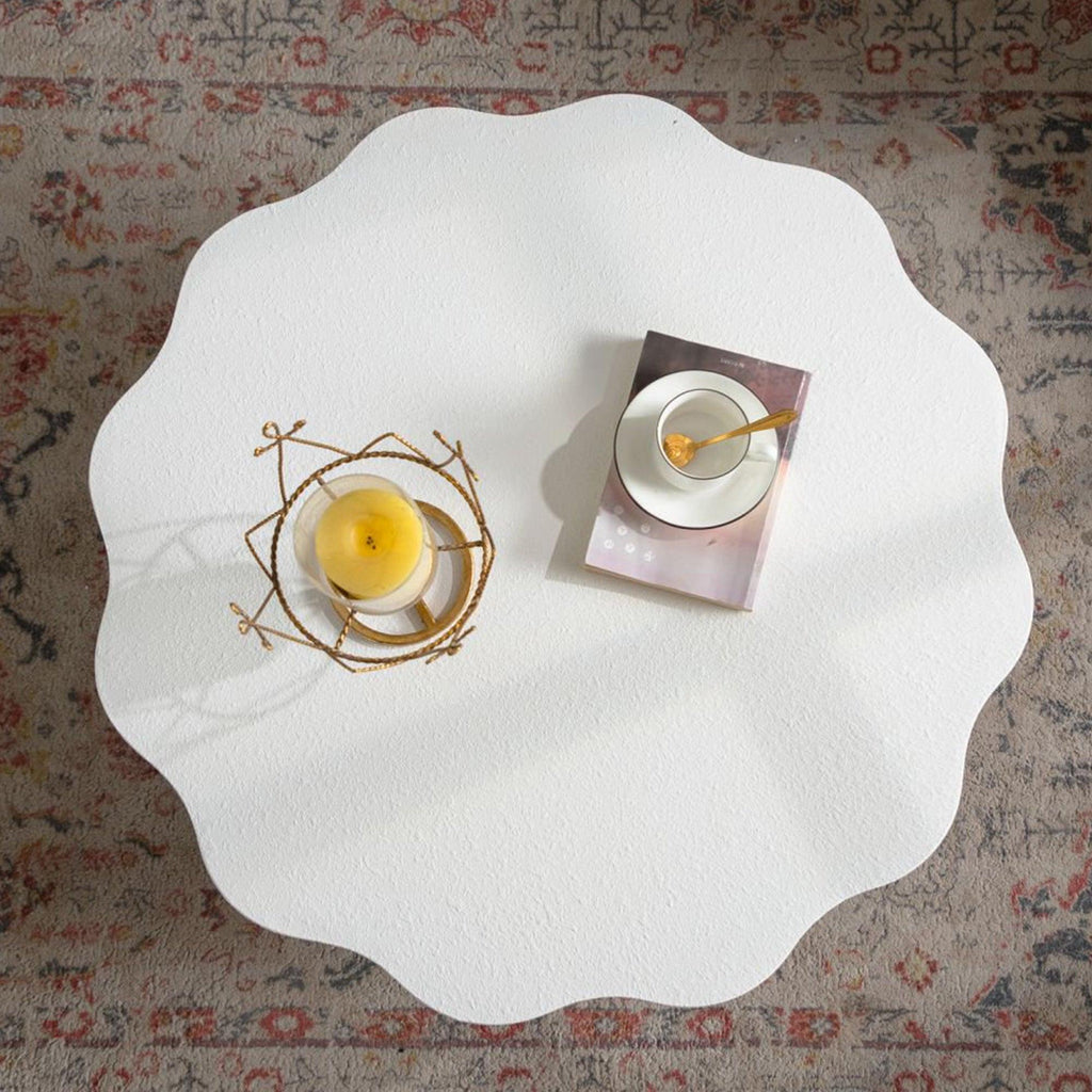 Scalloped White Coffee Table for Modern Living Spaces.