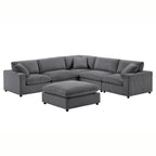 Charcoal gray 6-piece modular sectional sofa in plush corduroy-style polyester with matching ottoman.