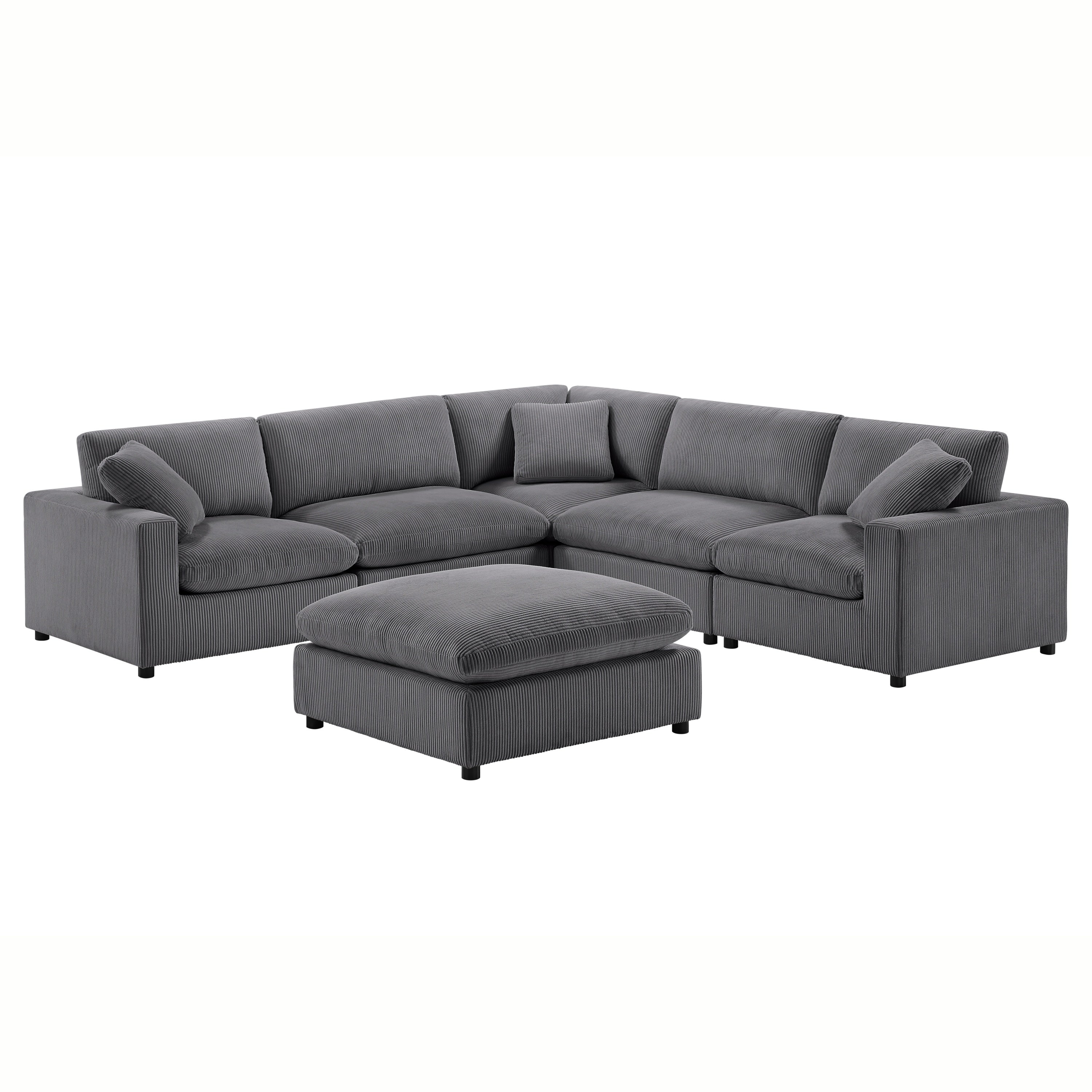 Charcoal gray 6-piece modular sectional sofa in plush corduroy-style polyester with matching ottoman.