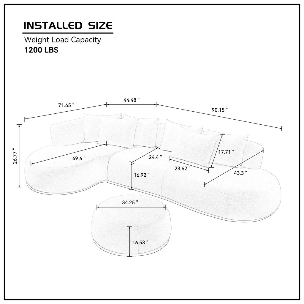 Dimensions diagram of oversized L-shape sectional sofa with chaise and ottoman in beige, showing measurements and 1200 lbs weight capacity.