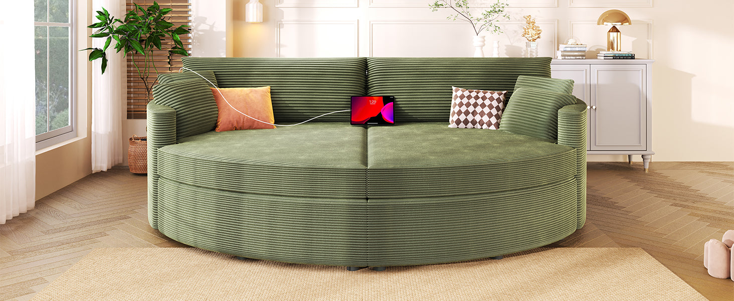Green Oversized Double Chaise Lounge Sofa with Upholstered Corduroy Fabric, Deep Seat, USB Ports, and Removable Pillows – 102.3'