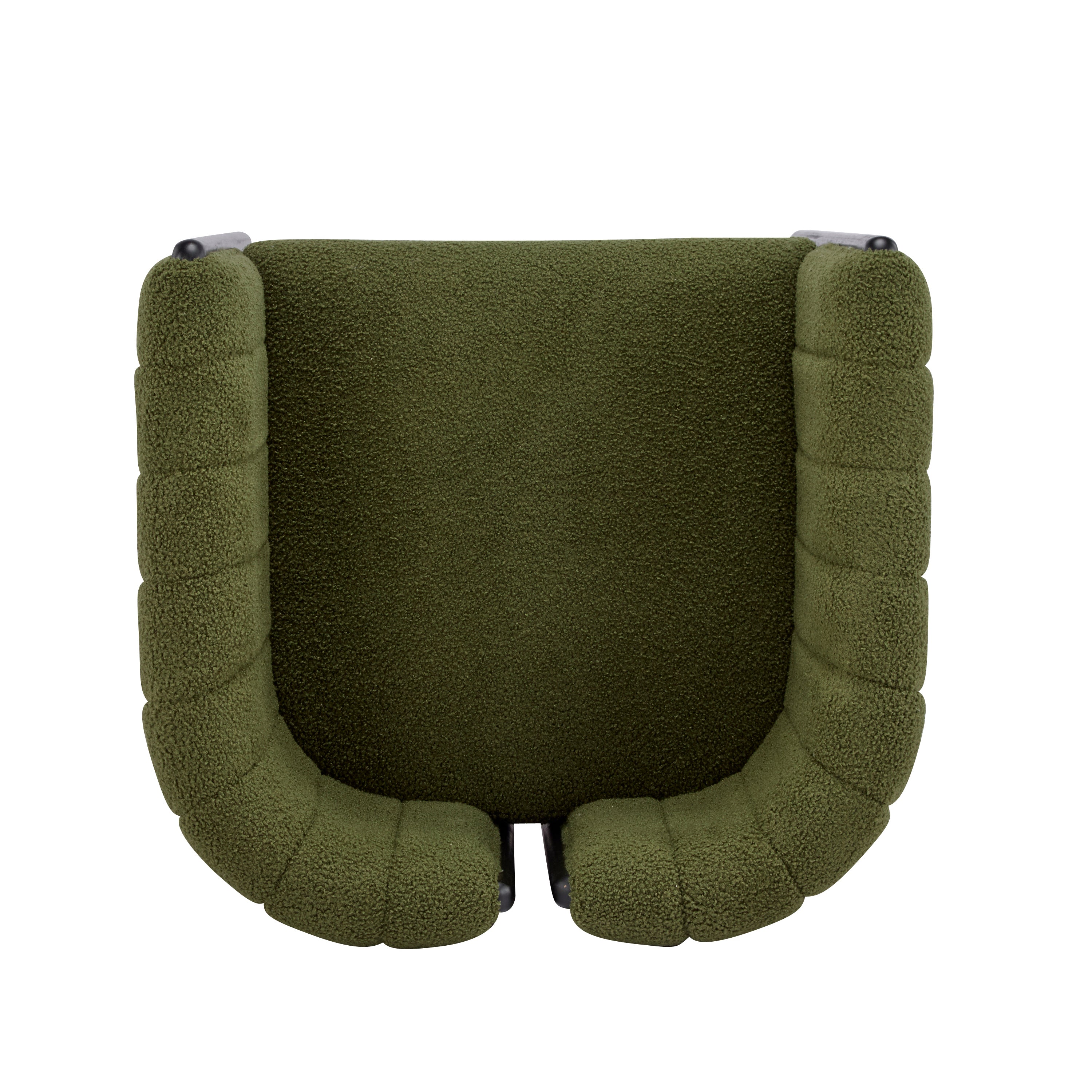 Top-down view of modern dining chair with olive green boucle seat and curved backrest, designed for comfort and modern aesthetics.