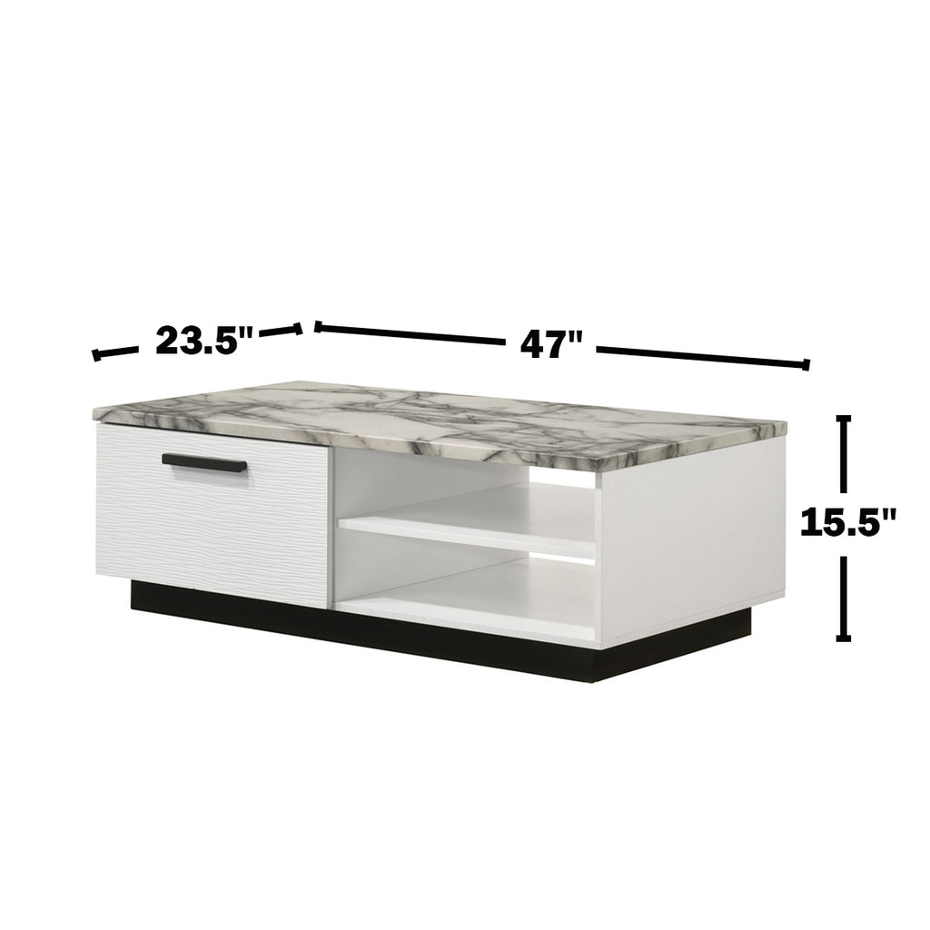 White Faux Marble Coffee Table - 47'W with Storage displayed with dimensions 47"W x 23.5"D x 15.5"H, highlighting its spacious surface and storage.