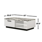 White Faux Marble Coffee Table - 47'W with Storage displayed with dimensions 47"W x 23.5"D x 15.5"H, highlighting its spacious surface and storage.