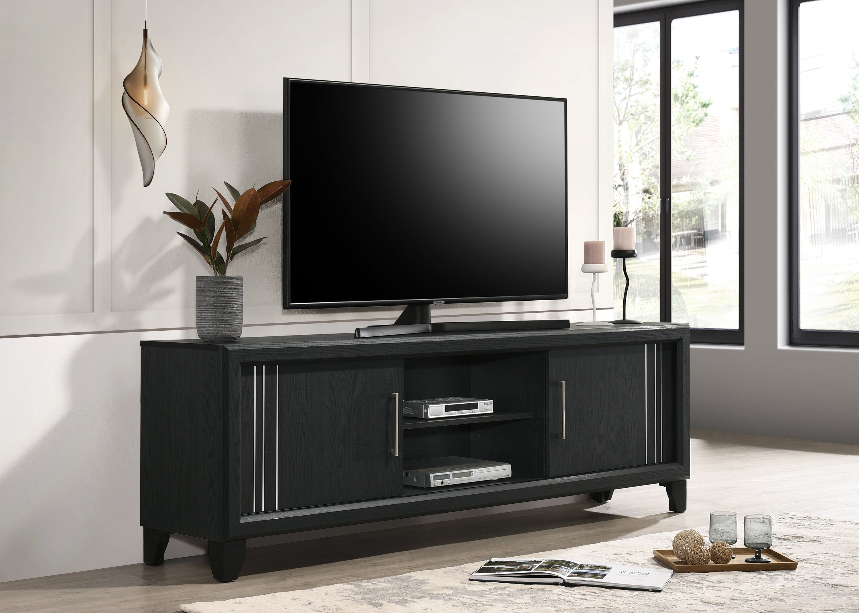 TV Stand - Contemporary Wood Charcoal with open shelves, silver hardware, and concealed storage in a modern living room setup.