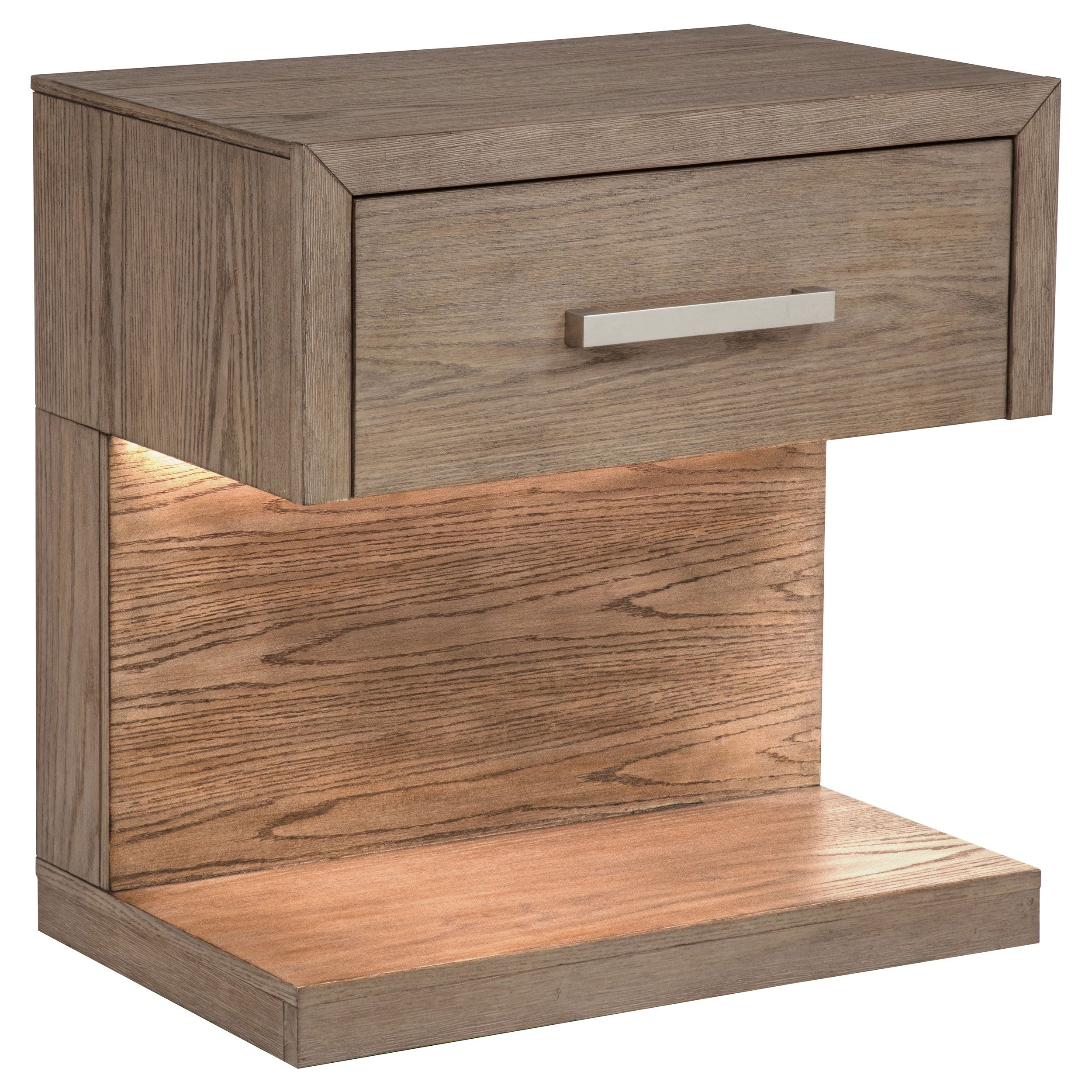 Modern industrial barley brown wood nightstand with one drawer, silver handle, and integrated warm LED under-lighting.