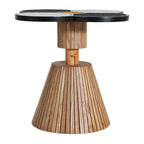 Side view of Four-Leaf Clover Accent Table highlighting its sturdy wood-grain base and artistic tabletop design.
