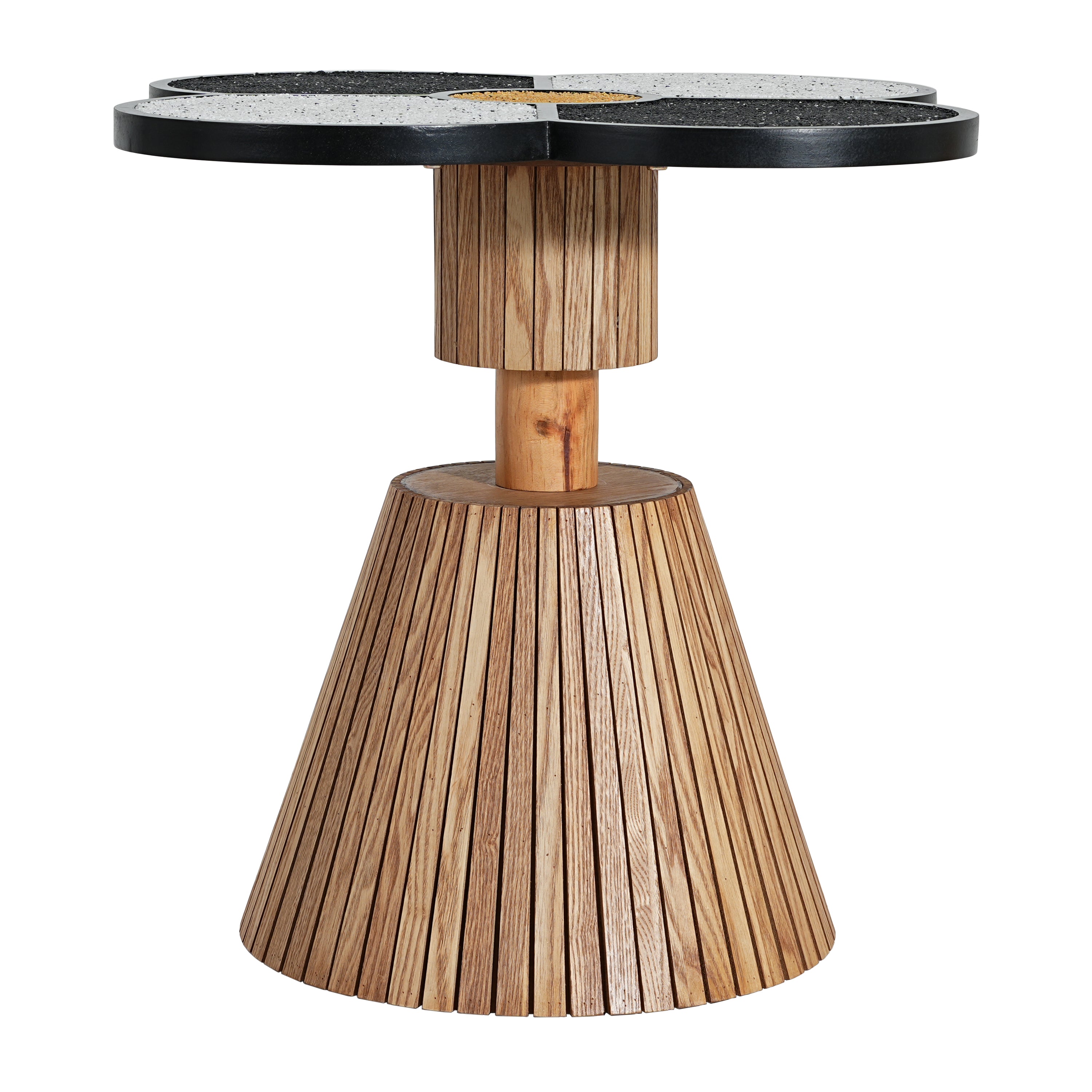 Side view of Four-Leaf Clover Accent Table highlighting its sturdy wood-grain base and artistic tabletop design.