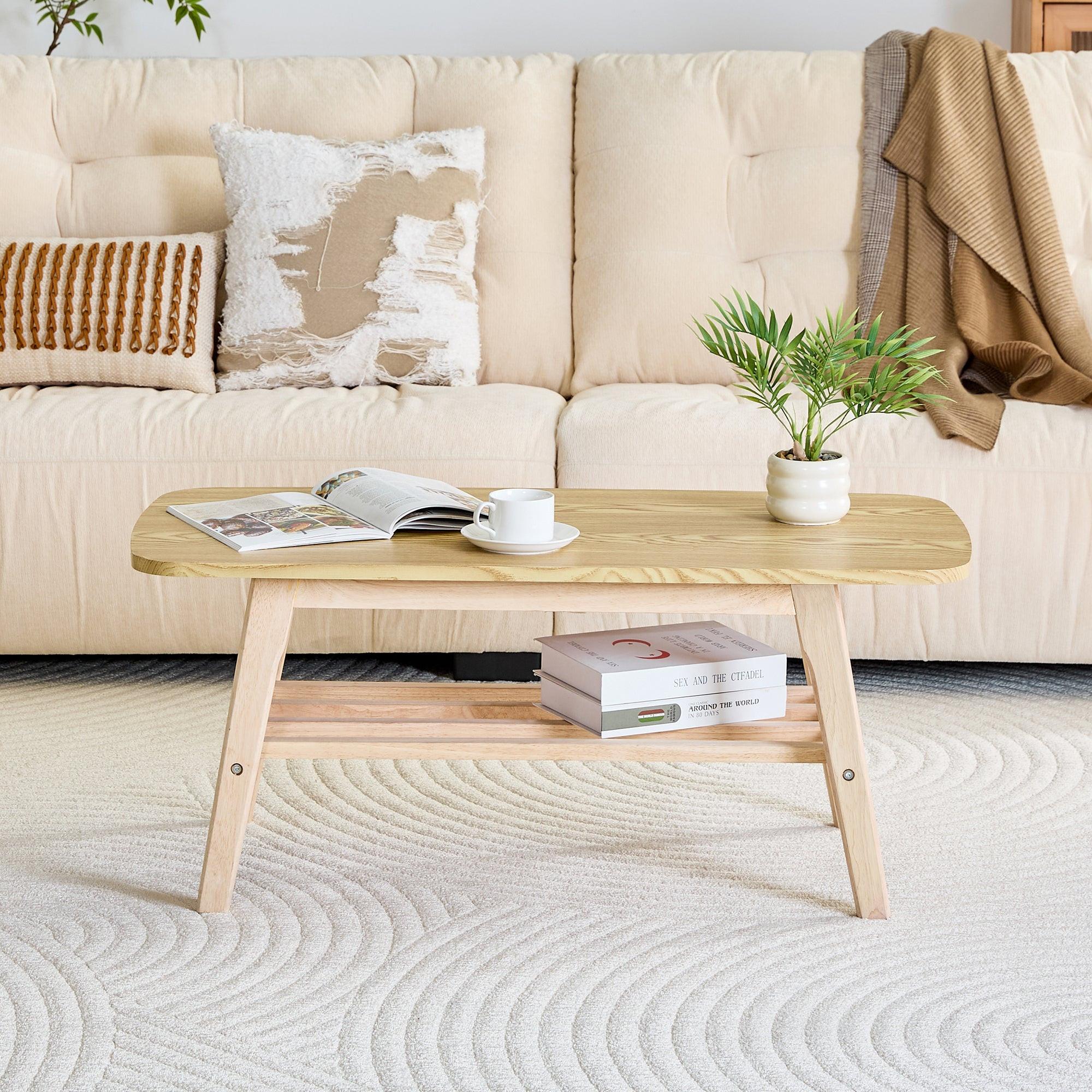 39 Inch Solid Wood Coffee Table with Double Layer Storage.