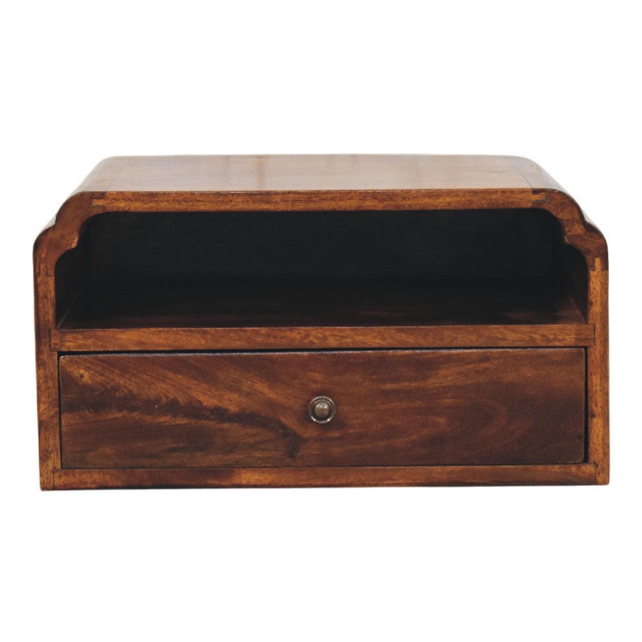 Solid Wood Wall-Mounted Chestnut Bedside Unit.