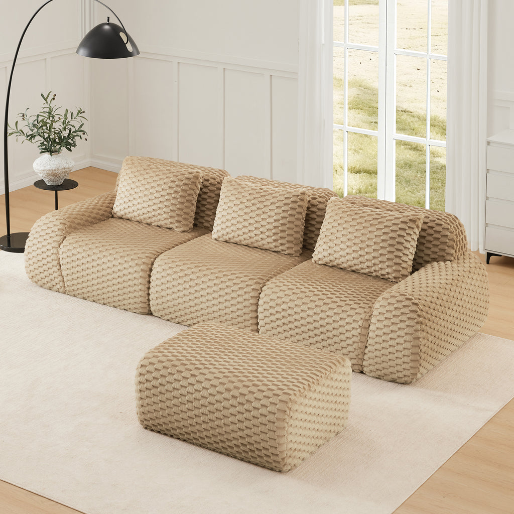 Top view of L-Shaped Modular Sectional Sofa - Light Camel with matching ottoman, showcasing its modular and flexible layout.