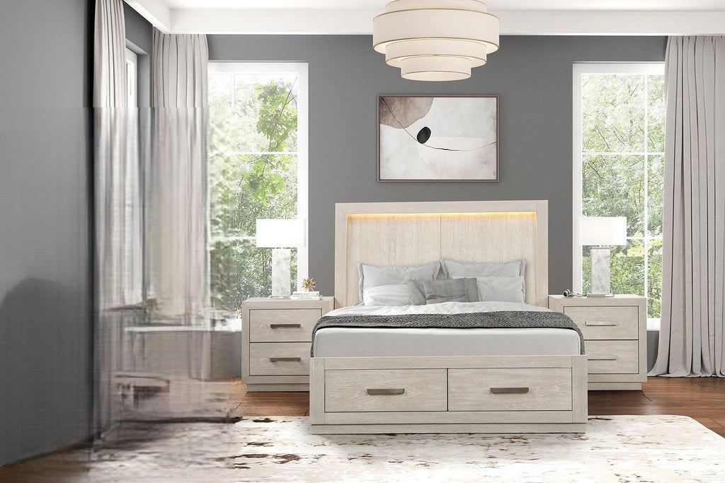 3pc King Size Bed Set with LED Nightstands - Light Grey.