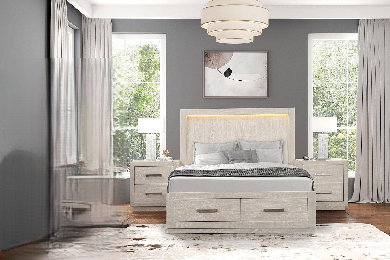 3pc King Size Bed Set with LED Nightstands - Light Grey.