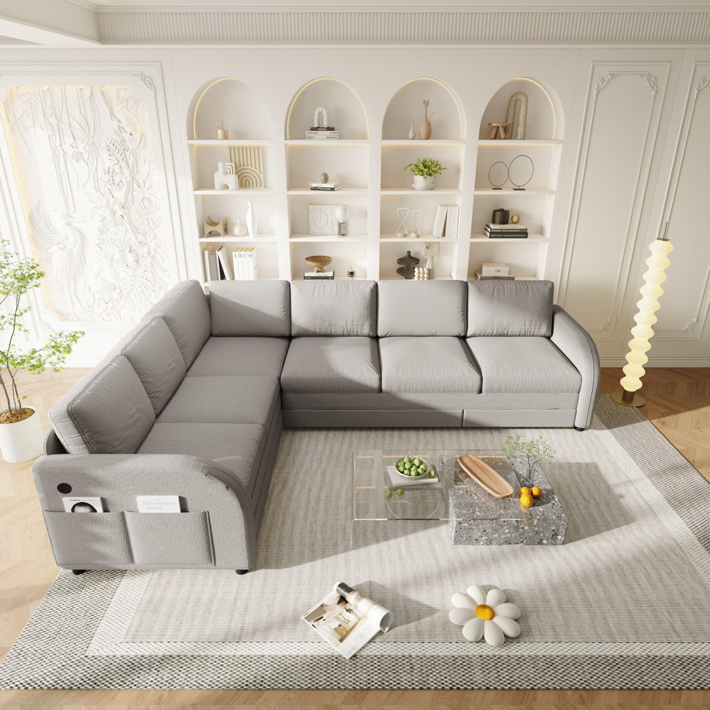 L-Shaped Sofa with Pull-Out Bed and USB Port.