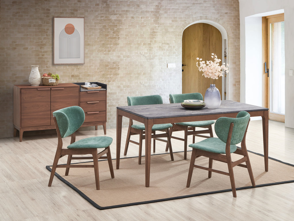 Modern walnut dining set with faux marble table and green upholstered chairs in a bright dining room. Ideal for stylish and durable home decor.