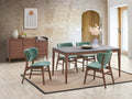 Modern walnut dining set with faux marble table and green upholstered chairs in a bright dining room. Ideal for stylish and durable home decor.