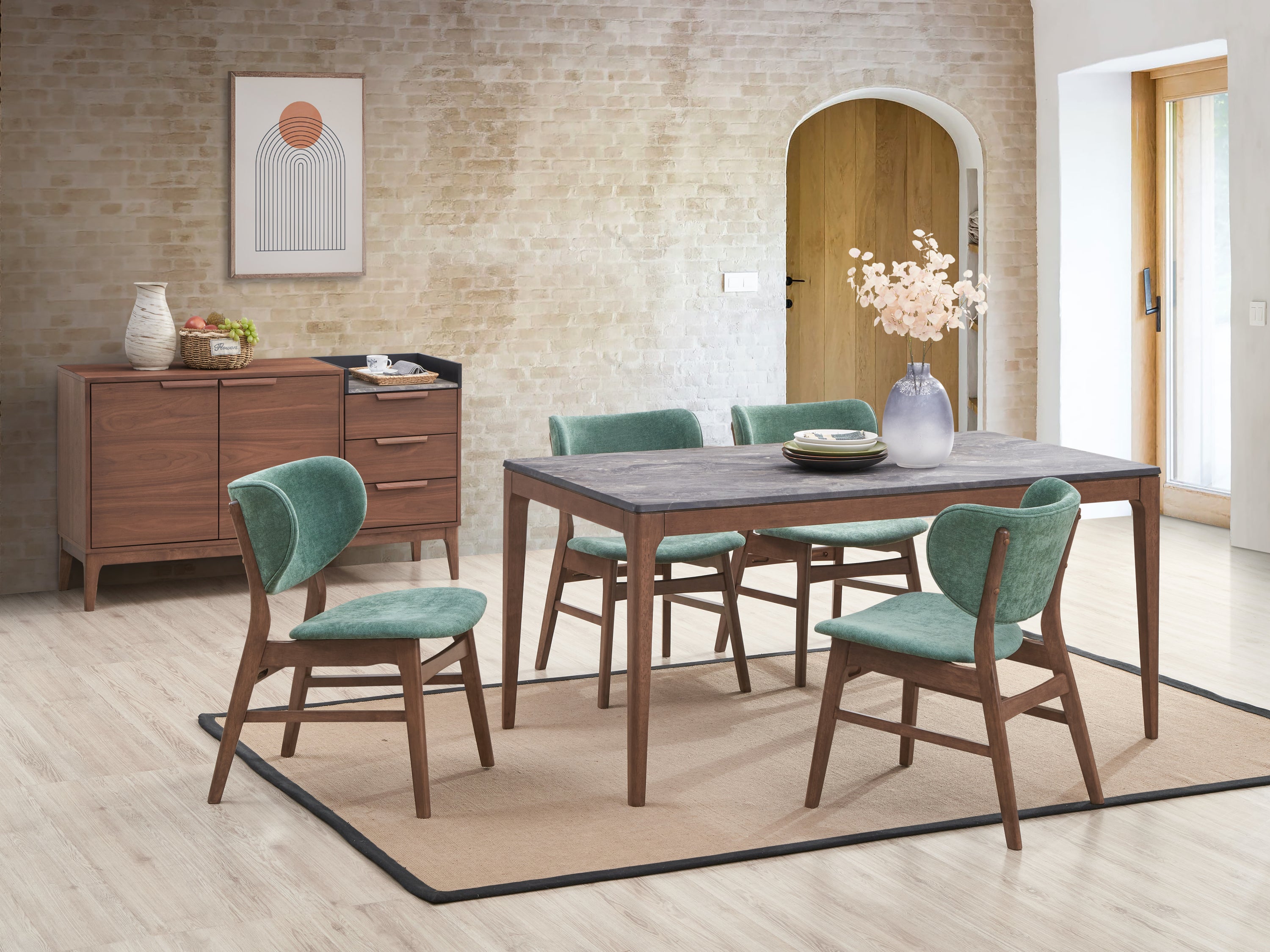 Modern walnut dining set with faux marble table and green upholstered chairs in a bright dining room. Ideal for stylish and durable home decor.