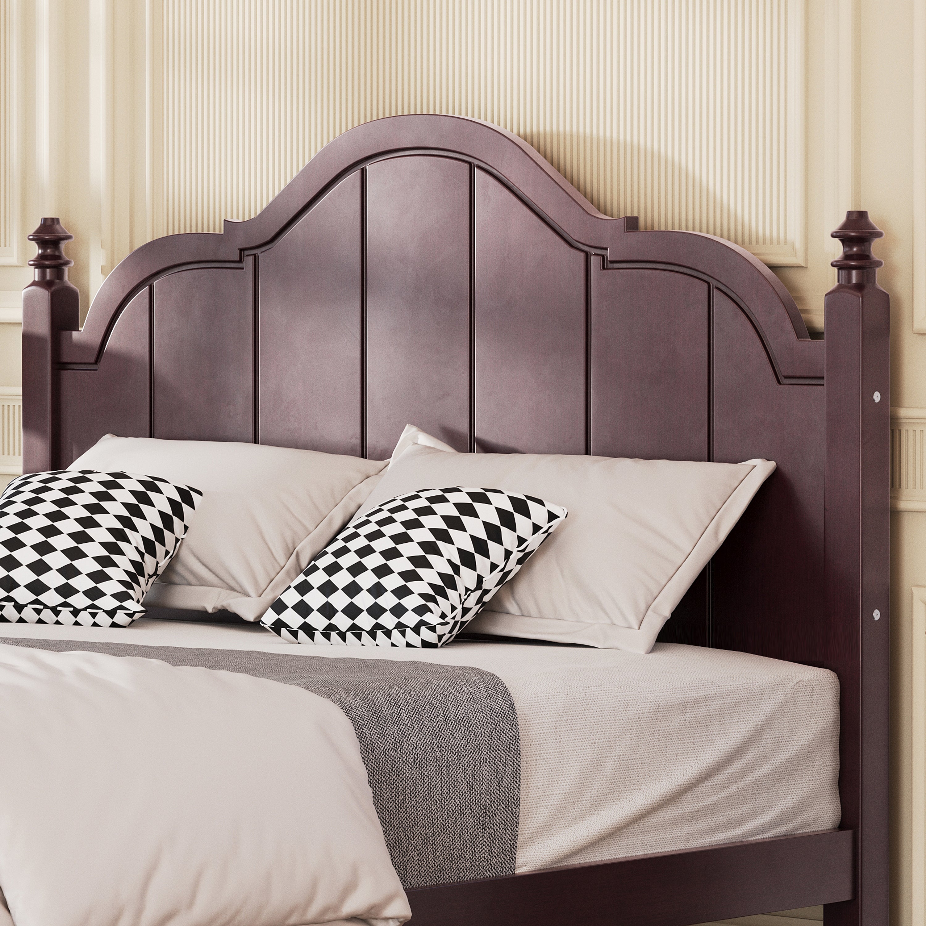 Close-up of vintage queen bed frame headboard with arched design and paneled detailing, highlighting classic elegance and sturdy build.