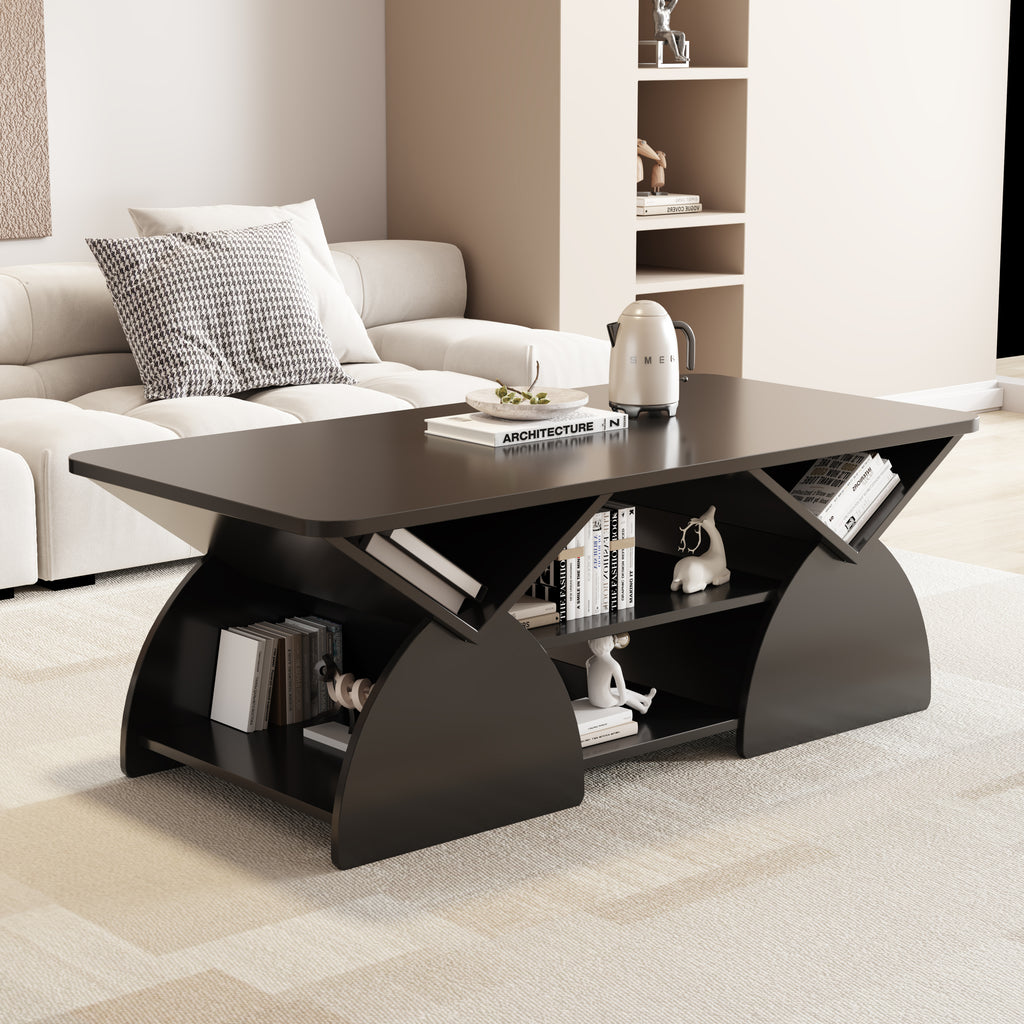 Engineered coffee table with wood storage and modern geometric design, styled in a living room with books and decor on shelves.