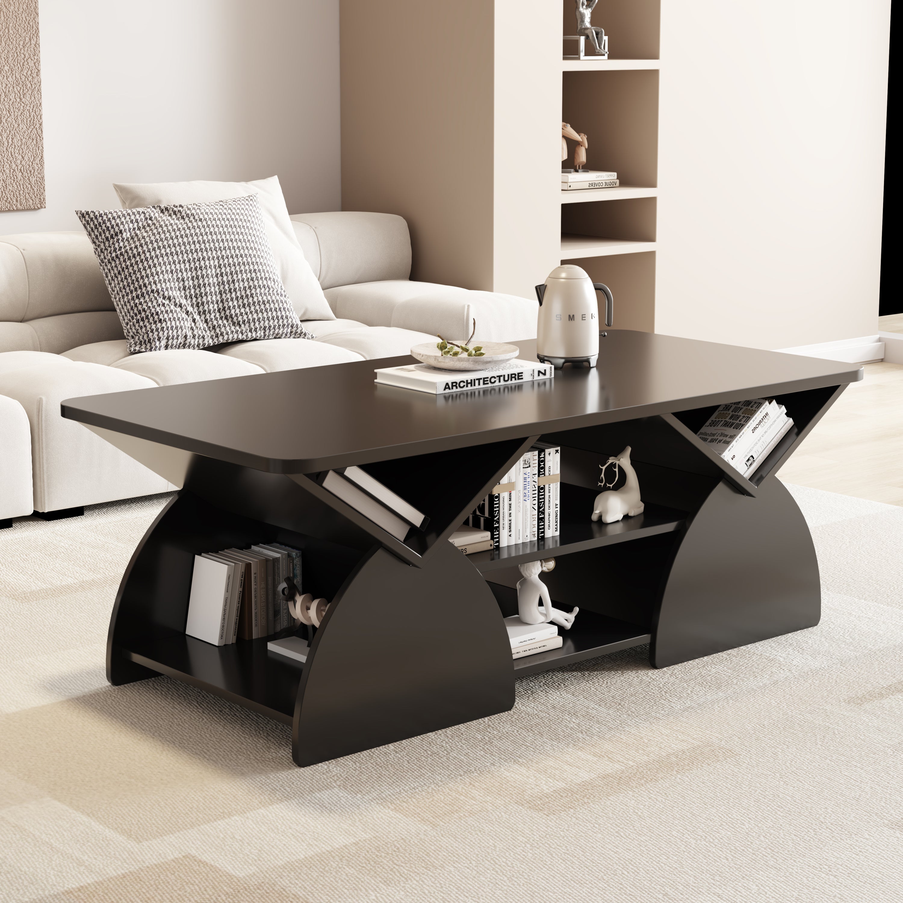 Engineered coffee table with wood storage and modern geometric design, styled in a living room with books and decor on shelves.