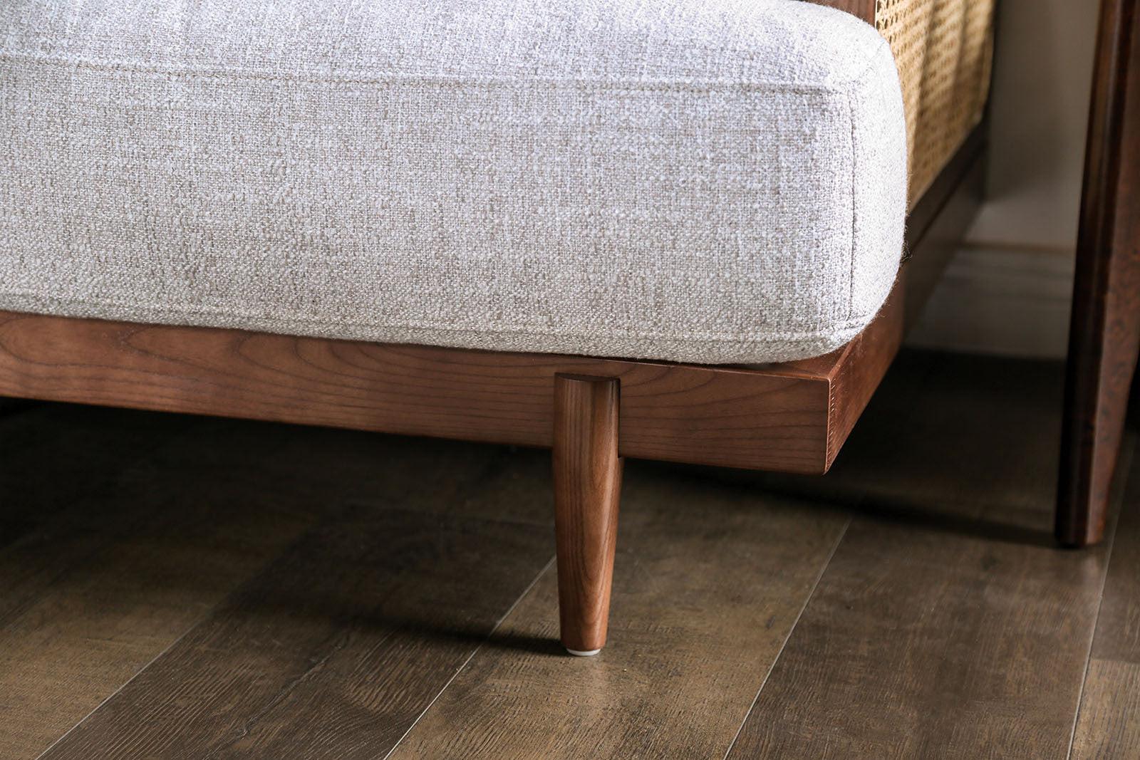 Mid-Century Modern Beige Chair with Walnut Finish.