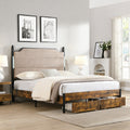 Queen bed frame with tan upholstered headboard, LED lights, black metal frame, rustic wood base, and two storage drawers.