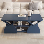 Blue Geometric Coffee Table with Open Shelves placed in a modern living room, featuring engineered wood and ample storage compartments.