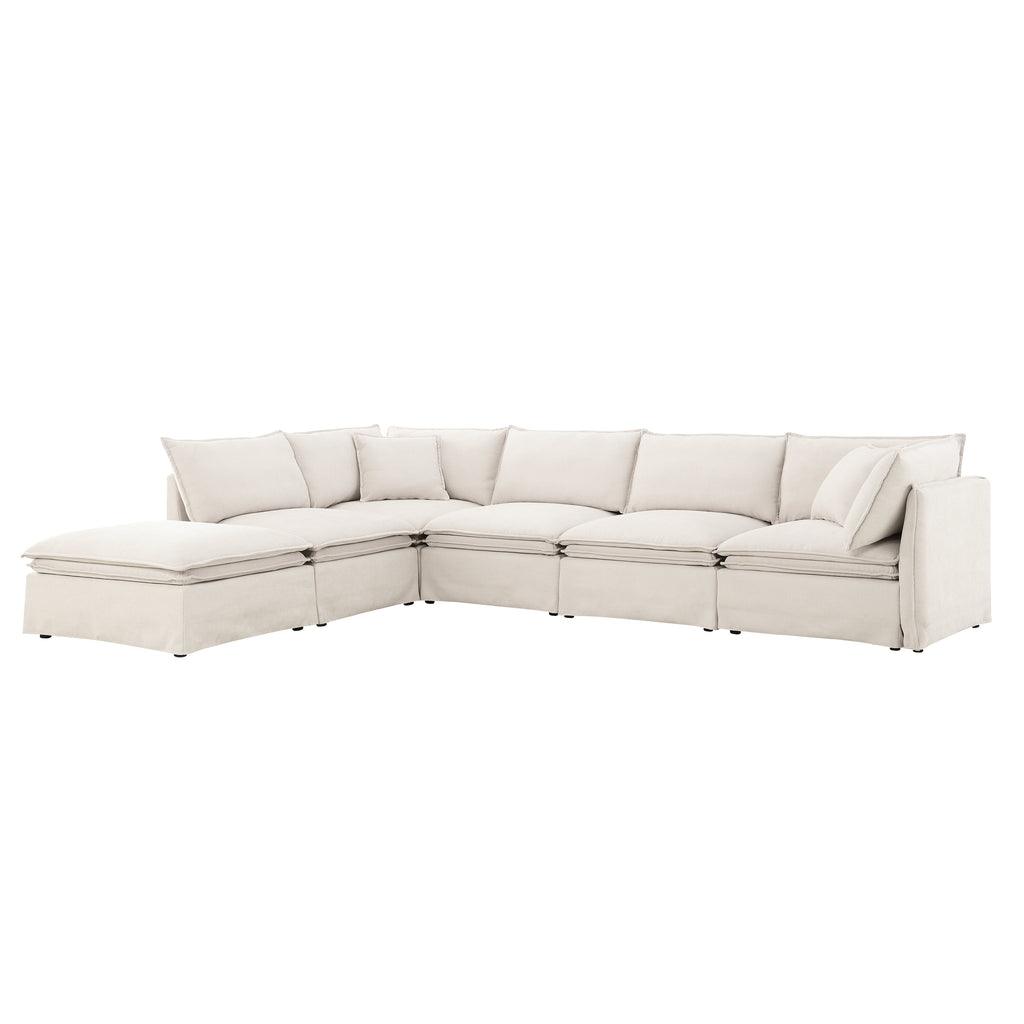 Modular sectional sofa with ottoman in beige, featuring deep seating and a left-facing chaise for versatile living room arrangements.
