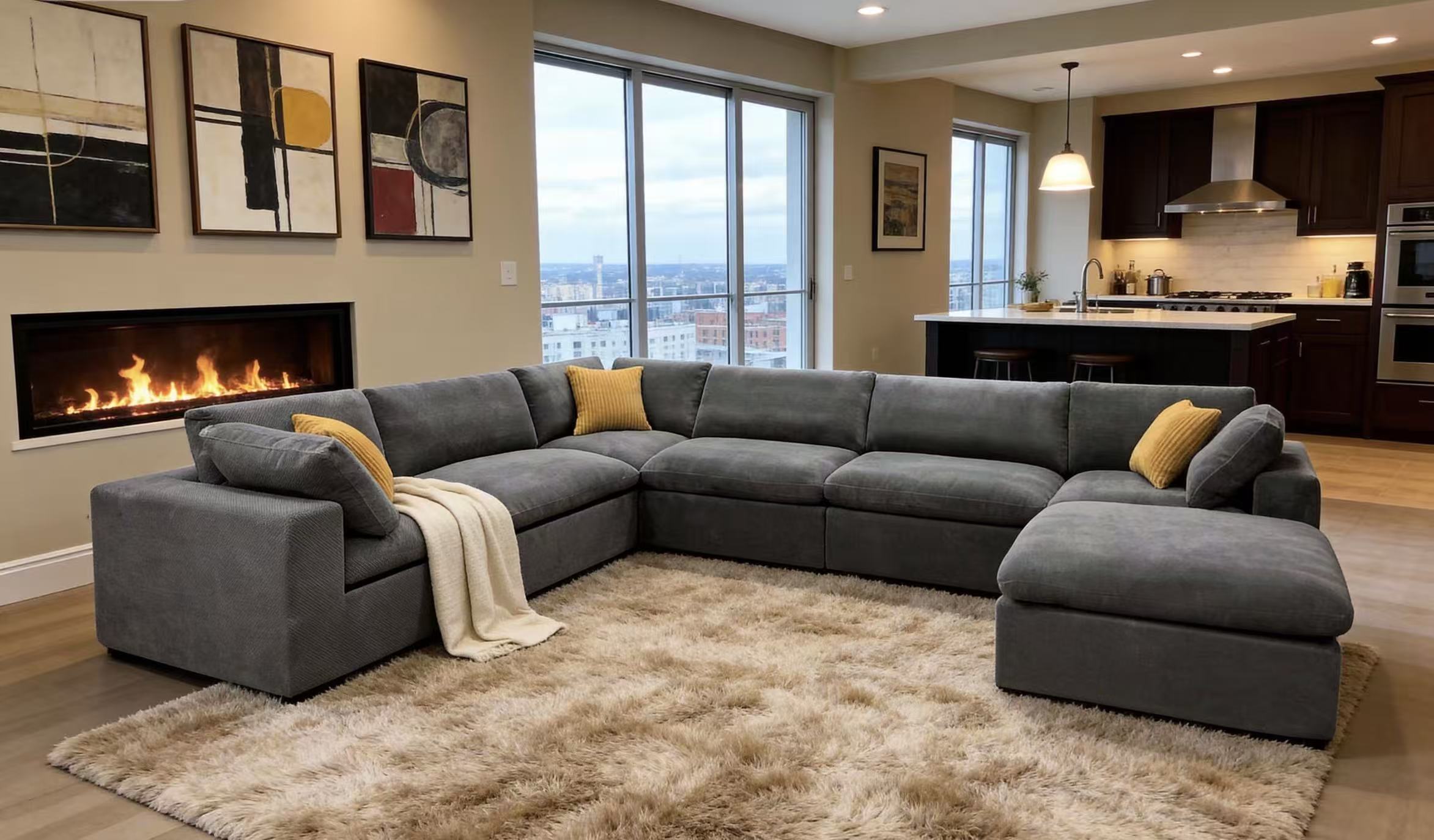 Large, charcoal grey modular sectional sofa with soft upholstery, featuring yellow toss pillows and a cozy white throw.