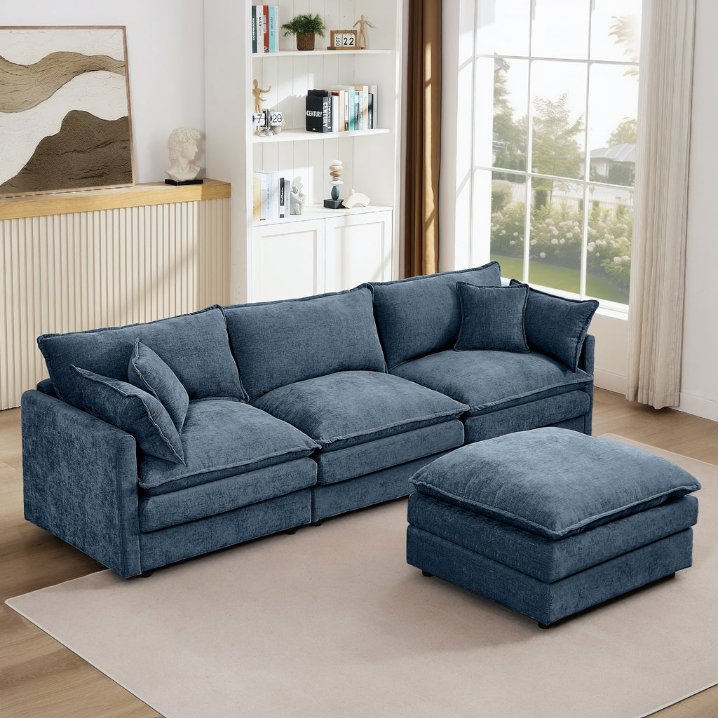 Modern Modular Sectional Sofa, 102 Inch L-Shaped Couch with Movable Ottoman, Blue Chenille Upholstery