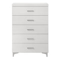 Wooden Storage Chest - White Finish 5 Drawer with chrome legs and sleek handles, ideal for modern bedroom organization.