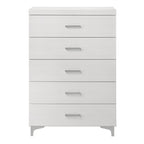 Wooden Storage Chest - White Finish 5 Drawer with chrome legs and sleek handles, ideal for modern bedroom organization.