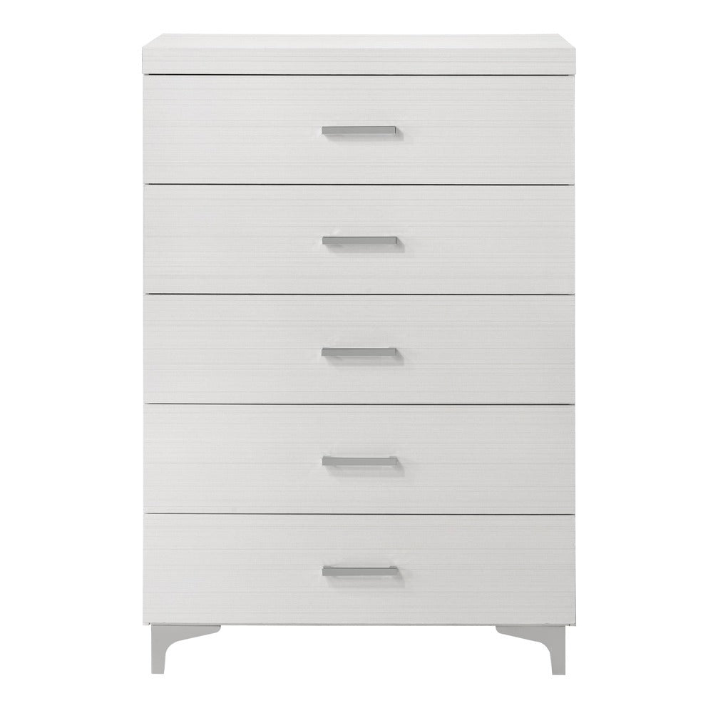 Wooden Storage Chest - White Finish 5 Drawer with chrome legs and sleek handles, ideal for modern bedroom organization.