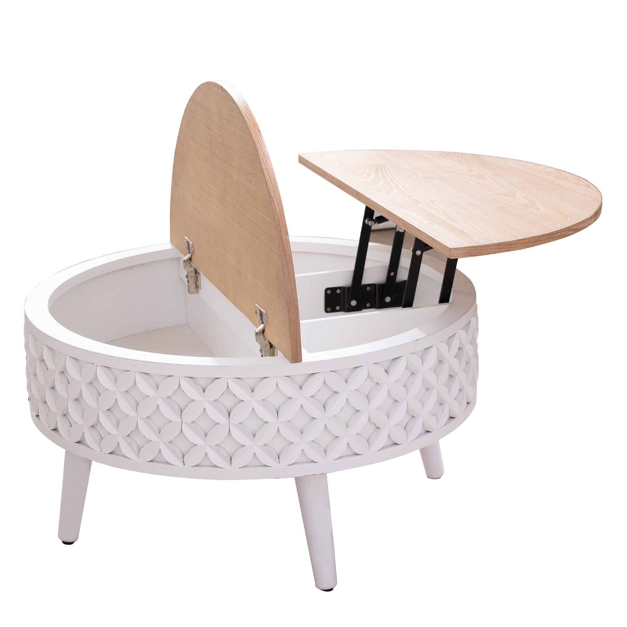 Lift-top mechanism of round coffee table with white carved base and wood top, showcasing internal storage space.