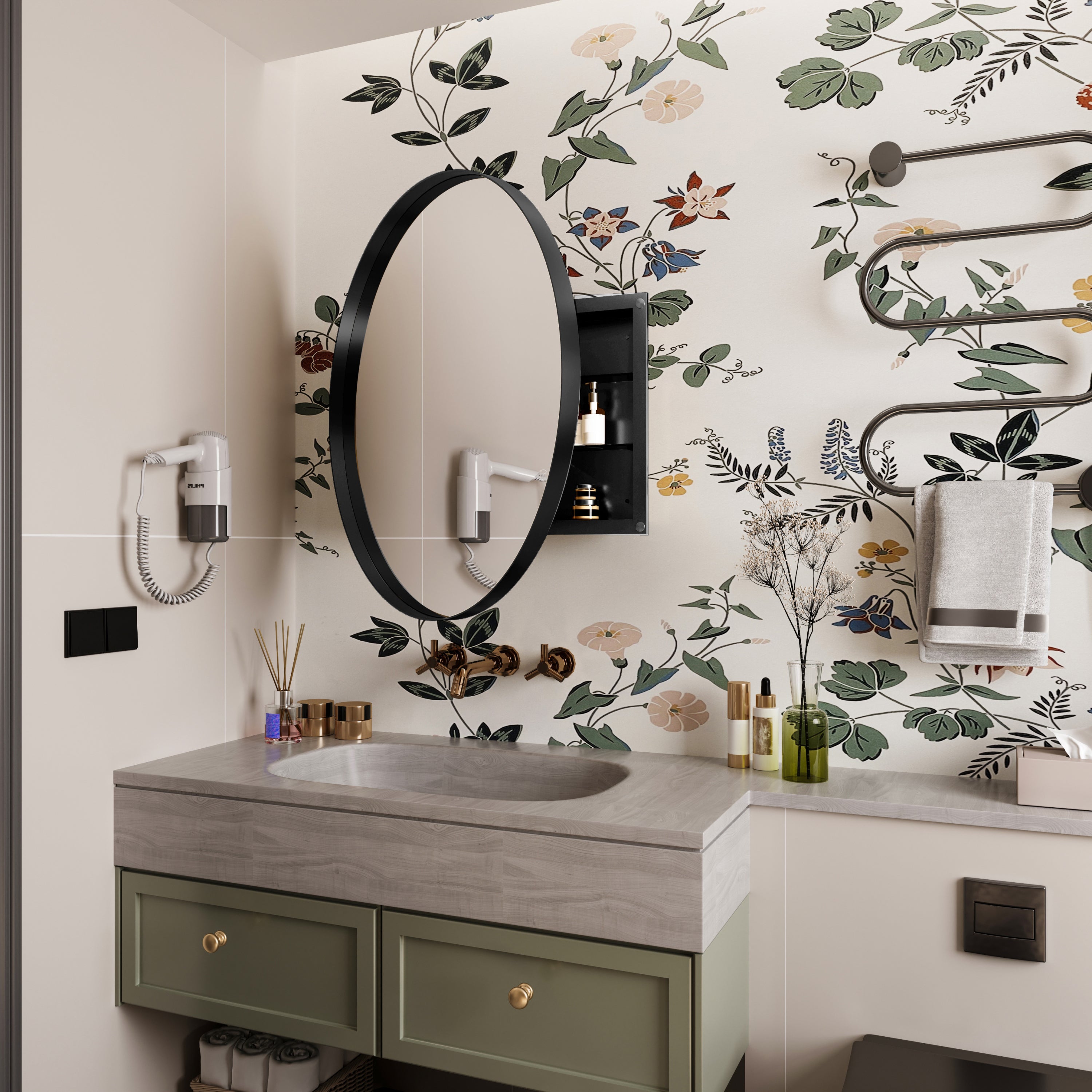 Round Black Metal Medicine Cabinet with Mirror and side storage mounted above a gray sink in a floral-themed bathroom.